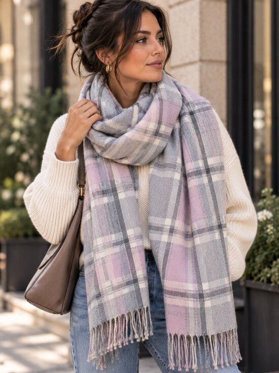 Love & Lore Accessories - 782 - Love & Lore Grey Pink Plaid Oversized Blanket Scarf Wrap